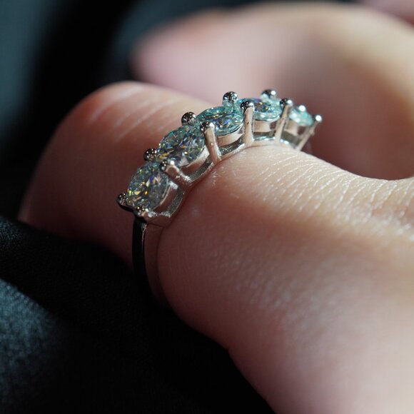 Rhodium Plated Sterling Silver Ring with 5 Light Blue Moissanite Stones - Picture 9 of 16